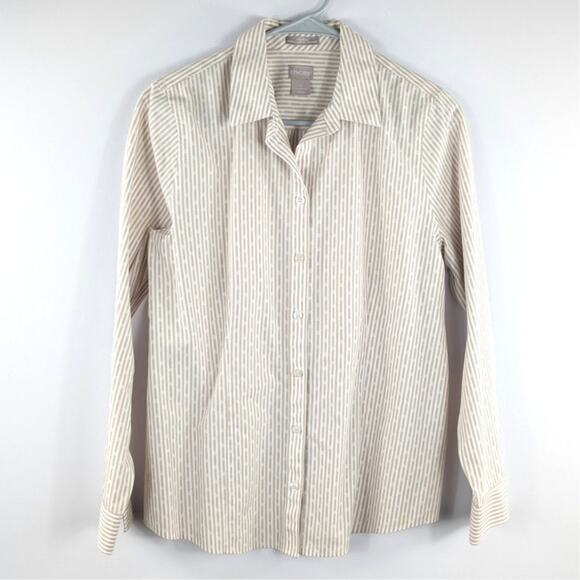 Chico's Tops - Chico’s 0 Button Up Shirt Womens Tan Stripe No Iron Coolmax Long Sleeve